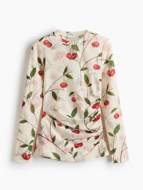 H&M Tops - Long-Sleeve Cherry Print Top - Cream/Red